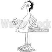 Clipart of a Cartoon Black and White Lineart Caveman Ready to Flip a Coin - Royalty Free Vector Illustration © djart #1418871