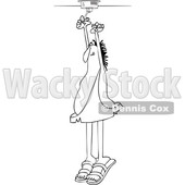 Clipart of a Cartoon Black and White Lineart Caveman Standing on His Tip Toes and Putting a Battery in a Smoke Detector - Royalty Free Vector Illustration © djart #1418873