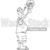 Clipart of a Cartoon Black and White Lineart Chubby Man Putting a New Battery in a Smoke Detector - Royalty Free Vector Illustration © djart #1418880