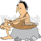Clipart of a Cartoon Chubby Caveman Sitting on a Boulder and Clipping His Toe Nails - Royalty Free Vector Illustration © djart #1419364