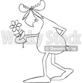 Clipart of a Black and White Lineart Cartoon Moose Walking Upright and Holding a Flower - Royalty Free Vector Illustration © djart #1419837