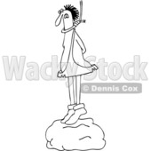 Clipart of a Cartoon Black and White Lineart Caveman Standing on a Boulder with a Noose Around His Neck - Royalty Free Vector Illustration © djart #1421231