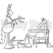 Clipart of a Cartoon Black and White Lineart Salesman and Horse Trying on Shoes - Royalty Free Vector Illustration © djart #1421237