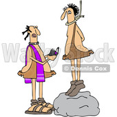 Clipart of a Cartoon Priest Reading a Caveman His Last Rights As He Stand on a Boulder with a Noose Around His Neck - Royalty Free Vector Illustration © djart #1421241