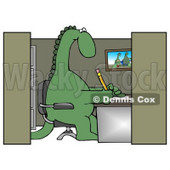 Green Dinosaur Sitting in a Chair at a Desk in an Employee Office Cubicle and Working Clipart Illustration © djart #14247