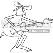Clipart of a Cartoon Black and White Lineart Moose Playing an Electric Guitar - Royalty Free Vector Illustration © djart #1425405
