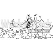 Clipart of a Cartoon Black and White Lineart Cave Woman Holding a Drink, Laying on Boulders Nad Getting Her Hair Done - Royalty Free Vector Illustration © djart #1425411