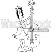 Clipart of a Cartoon Black and White Lineart Chubby Caveman Musician Playing a Bass Fiddle - Royalty Free Vector Illustration © djart #1427480
