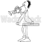 Clipart of a Cartoon Black and White Lineart Chubby Caveman Musician Playing a Trumpet - Royalty Free Vector Illustration © djart #1427482