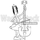 Clipart of a Cartoon Black and White Lineart Caveman Musician Playing a Double Bass - Royalty Free Vector Illustration © djart #1431319