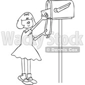 Clipart of a Cartoon Black and White Lineart Happy Girl Getting Letters from a Mailbox - Royalty Free Vector Illustration © djart #1432698