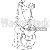 Clipart of a Cartoon Black and White Lineart Horse Musician Playing a Double Bass - Royalty Free Vector Illustration © djart #1432819
