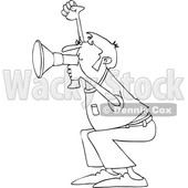 Clipart of a Cartoon Black and White Lineart Male Protester Shouting into a Megaphone - Royalty Free Vector Illustration © djart #1433890