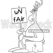 Clipart of a Cartoon Black and White Lineart Christmas Reindeer on Strike, Sitting on a Stump with an Unfair Sign - Royalty Free Vector Illustration © djart #1437932