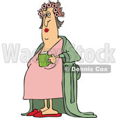 Clipart of a Cartoon Chubby White Woman in a Robe, Wearing Curlers and Holding a Cup of Morning Coffee - Royalty Free Vector Illustration © djart #1441015