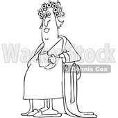 Clipart of a Cartoon Black and White Lineart Chubby Woman in a Robe, Wearing Curlers and Holding a Cup of Morning Coffee - Royalty Free Vector Illustration © djart #1441017