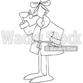 Clipart of a Cartoon Black and White Lineart Moose in a Robe, Lighting a Pipe - Royalty Free Vector Illustration © djart #1441839