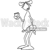 Clipart of a Cartoon Black and White Lineart Moose Holding a Wine Bottle and Cup - Royalty Free Vector Illustration © djart #1442132