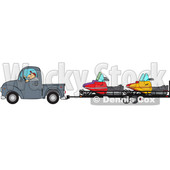 Clipart of a Cartoon Caucasian Man Driving a Truck and Towing Snowmobiles on a Trailer - Royalty Free Vector Illustration © djart #1443243