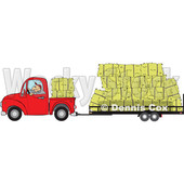 Clipart of a Cartoon White Man Driving a Red Pickup Truck and Hauling Hay Bales on a Trailer - Royalty Free Vector Illustration © djart #1443266