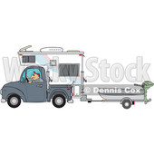 Clipart of a Caucasian Man Driving a Pickup Truck with a Camper and Hauling a Boat - Royalty Free Vector Illustration © djart #1443725