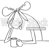 Clipart of a Cartoon Black and White Lineart Depressed Moose Sitting with a Cup of Coffee - Royalty Free Vector Illustration © djart #1444405