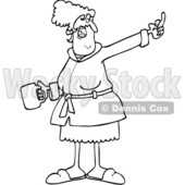 Clipart of a Cartoon Black and White Lineart Angry Senior Woman in Her Robe, Holding Coffee and Flipping the Bird - Royalty Free Vector Illustration © djart #1445103