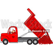 Clipart of a Cartoon Caucasian Man Operating a Red Hydraulic Dump Truck and Dumping Hearts - Royalty Free Vector Illustration © djart #1445104