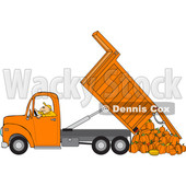 Clipart of a Cartoon Caucasian Man Operating an Orange Hydraulic Dump Truck and Dumping Pumpkins - Royalty Free Vector Illustration © djart #1445106