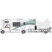 Clipart of a Cartoon White Man Backing up a Class C Motorhome and Towing a Boat - Royalty Free Vector Illustration © djart #1446908