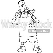 Clipart of a Cartoon Black and White Lineart Boy Aiming a Slingshot - Royalty Free Vector Illustration © djart #1448471