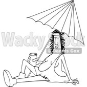 Clipart Graphic of a Cartoon Black and White Happy Cave Woman Holding a Beer Can and Sitting Under a Beach Umbrella - Royalty Free Vector Illustration © djart #1451410