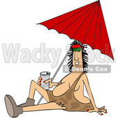 Clipart Graphic of a Cartoon Happy Cave Woman Holding a Beer Can and Sitting Under a Beach Umbrella - Royalty Free Vector Illustration © djart #1451411