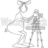 Clipart Graphic of a Cartoon Black and White Lineart Moose Photographer Taking Pictures with a Camera on a Tripod - Royalty Free Vector Illustration © djart #1451461
