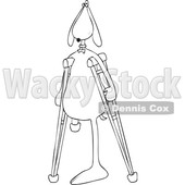 Clipart Graphic of a Cartoon Black and White Lineart Three Legged Dog Using Crutches - Royalty Free Vector Illustration © djart #1451483