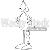 Clipart Graphic of a Cartoon Black and White Lineart Dog Standing Upright with a Prosthetic Leg - Royalty Free Vector Illustration © djart #1451485