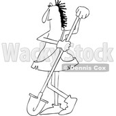 Clipart Graphic of a Cartoon Black and White Lineart Caveman Worker Leaning on a Shovel - Royalty Free Vector Illustration © djart #1454530