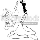 Clipart of a Cartoon Black and White Caveman Banging Rocks Together - Royalty Free Vector Illustration © djart #1455246