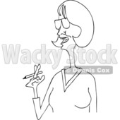 Clipart of a Cartoon Black and White Lineart Middle Aged Lady Smoking a Cigarette - Royalty Free Vector Illustration © djart #1455656