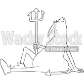 Clipart of a Black and White Chubby Devil Sitting on the Ground with a Pitchfork - Royalty Free Vector Illustration © djart #1457285