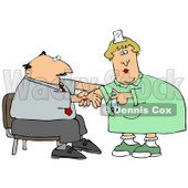 Nervous Businessman Sitting In A Chair And Reaching Out To A Female Nurse While She Prepares A Syringe To Give Him A Flu Shot In The Arm At A Medical Clinic Clipart Illustration © djart #14590