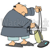 Chubby Man In A Robe, Pjs And Slippers, Using A Vacuum To Clean His Carpet In His Home Clipart Illustration © djart #14606