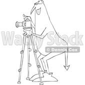 Clipart of a Chubby Devil Photographer Using a Camera on a Tripod, Black and White - Royalty Free Vector Illustration © djart #1461658