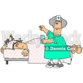 Ill Man Lying On A Hospital Bed Near A Table Of Medicine While A Friendly Nurse Hands Him A Pill And A Glass Of Water For Treatment Clipart Graphic © djart #15140
