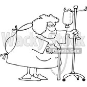 Clipart of a Cartoon Lineart Hospitalized Woman Walking Around with an Intravenous Drip Line - Royalty Free Vector Illustration © djart #1535504