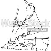 Clipart of a Cartoon Lineart Black Male Custodian Janitor Taking a Break and Sitting in a Chair with a Mop and Bucket - Royalty Free Vector Illustration © djart #1552200