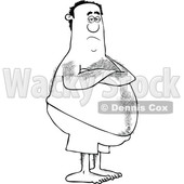 Clipart of a Hairy Lineart Chubby Black Man with Folded Arms, Standing in Swim Trunks - Royalty Free Vector Illustration © djart #1555453