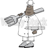 Clipart of a Black Male Chef in Carrying a Giant Fork over His Shoulder - Royalty Free Vector Illustration © djart #1560543