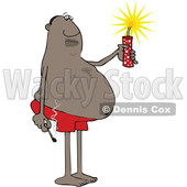 Clipart of a Cartoon Chubby Black Man in Swim Shorts, Holding a Firecracker and Match - Royalty Free Vector Illustration © djart #1568684