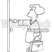 Clipart of a Cartoon Lineart Sales Woman Ringing a Door Bell - Royalty Free Vector Illustration © djart #1595651